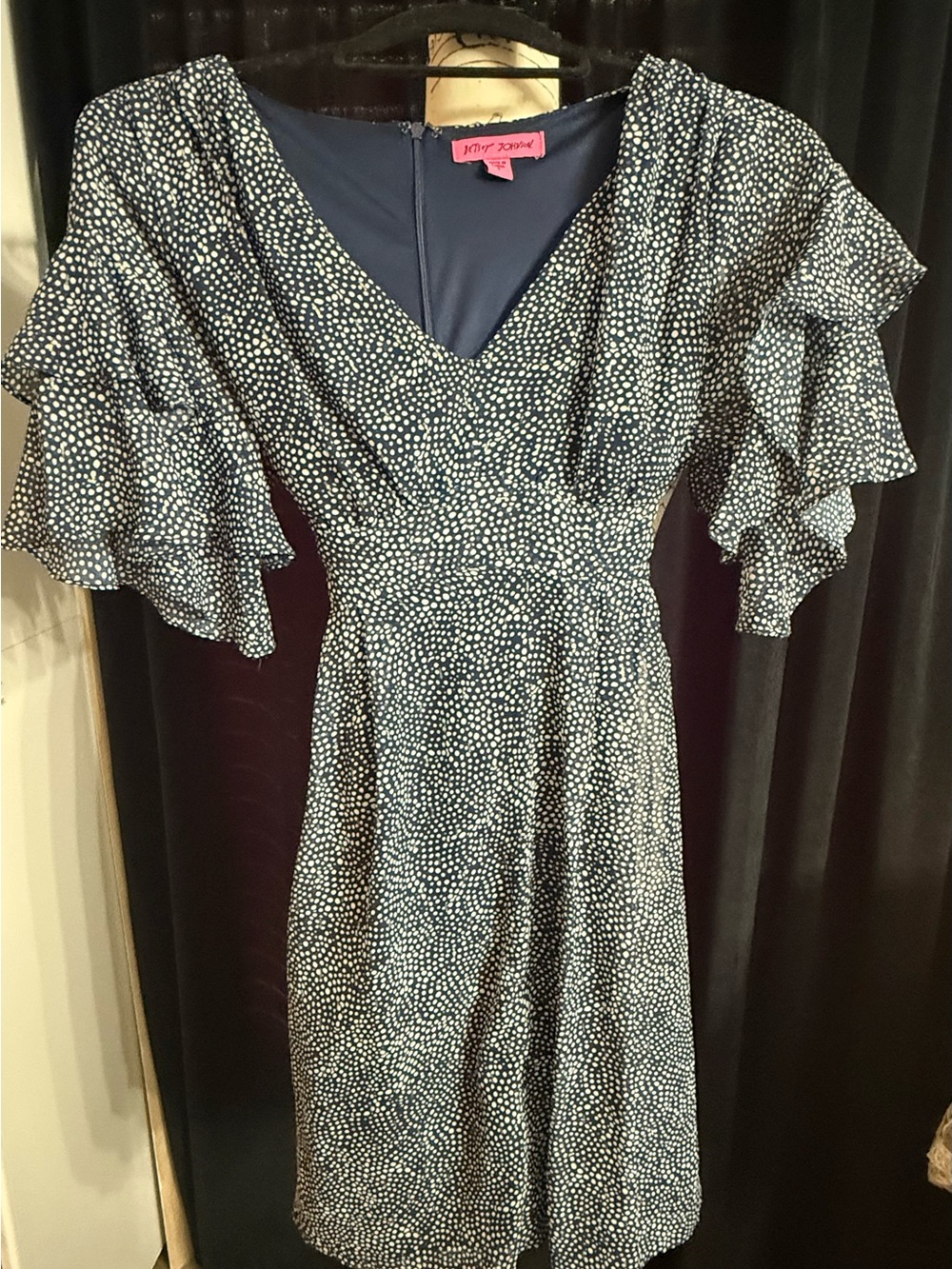 Betsey Johnson Navy Dress with White Dot Print and Flutter Sleeves